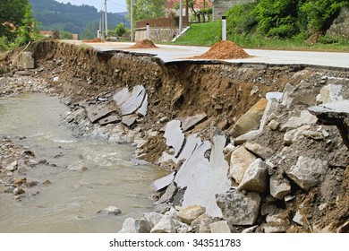 Part Of Road Landslide Erosion After Floods