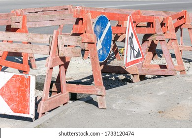 Part Of The Road Signposted With Road Works Signs. Road Construction, Work Zone, Close-up