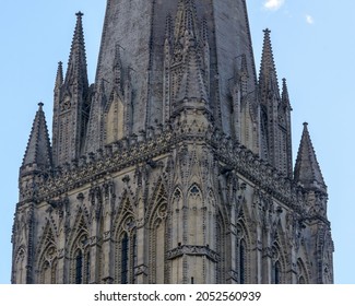 Part of Salisbury Cathedral Tower, detail of spire, autumn season 2021