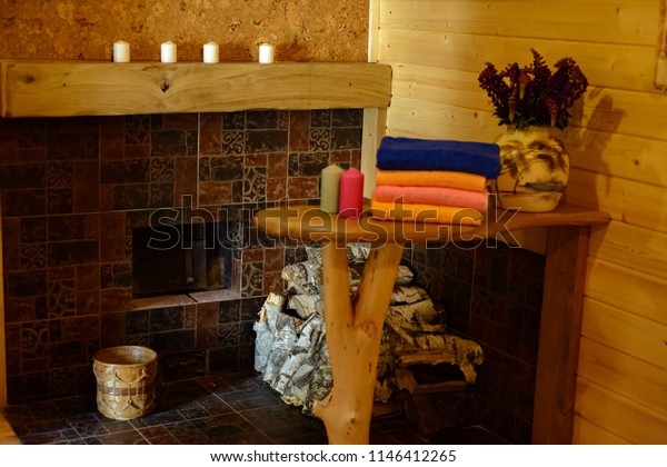 Part Sauna Candles Colorful Towels Firewood Stock Photo Edit Now