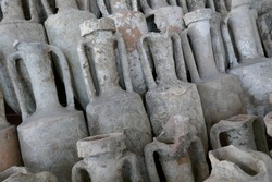 Part Of Shipload Of Antique Wine Barrels From A Roman Shipwreck, In Museo Navale Romano, Albenga, Italy