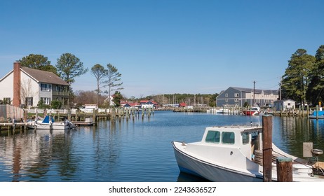 Part of St. Michaels Harbor in historic Saint Michaels, Maryland, in spring. The town's name refers to a local Episcopal parish established in 1677, frequented by tobacco growers and shipbuilders.