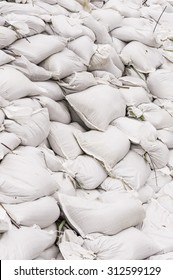 Part Of A Wall Of White Sandbags Along The Illinois River: Documentary Detail For Themes Of Flood Control, Emergency Response, Preparedness