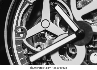 Part of watch with mechanical movement, macro shot