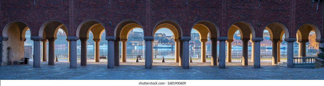 The Parterre And Arcade At The Stockholm Town City Hall, Empty Of People A Sunny Spring Day. 2020-03-22