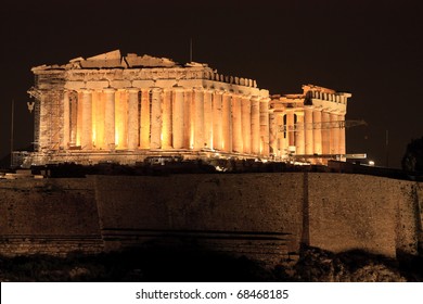 Parthenon On Acropolis Hill Of Athens By Night