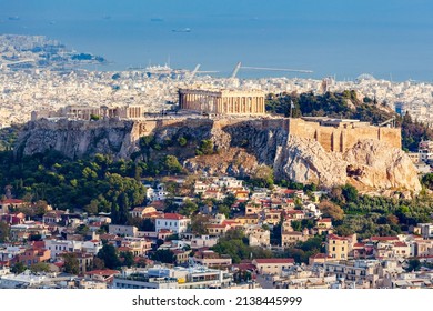 The Parthenon Temple aerial panoramic view. Parthenon Temple is a former greek temple on the Athenian Acropolis in Greece, dedicated to the goddess Athena.