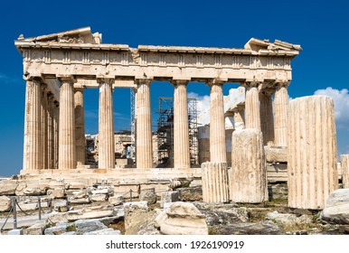 Parthenon temple on Acropolis, Athens, Greece. It is top landmark of Athens. Ruins of famous building on Acropolis hill, Ancient Greek architecture of Athens. Concept of history and travel in Athens.