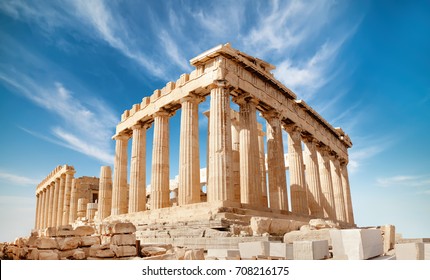 Parthenon temple on a bright day. Acropolis in Athens, Greece, on a bright day