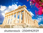 Parthenon temple over bright blue summer sky background with flowers, Acropolis hill, Athens Greece