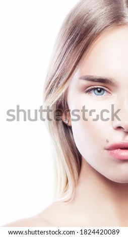 Partial beaty face of young model woman, healthy skin, isolated, white background