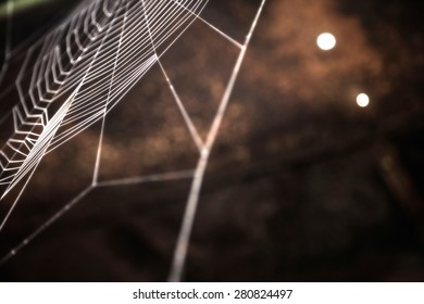 Partial blur view of spider web with fine lines in front of obscured black and brown cave background with sparkling lights