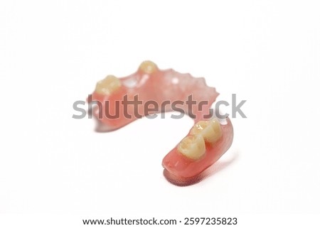 The partial denture is made of flexible materials. Photographed on a white background.