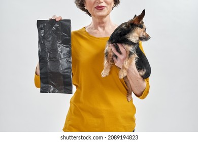 Partial Image Of Woman Holding Dog Cleaning Package And Chihuahua Dog. Concept Of Pet Care. Idea Of Dog Hygiene. Mature Woman Looking At Camera. Isolated On White Background In Studio