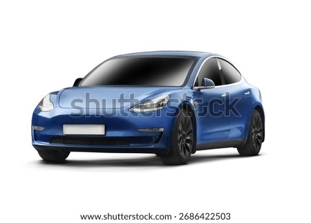 Partial left and front view of a blue colored modern electric car on a white background