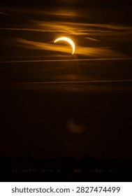Partial Solar Eclipse of August 12, 2026 over Berlin, Germany, with about 85 percent of the Sun obscured by the Moon at maximum eclipse, leaving a thin crescent of sunlight visible