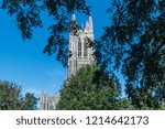 Partial view of the Duke Chapel tower in early fall, Durham, North Carolina