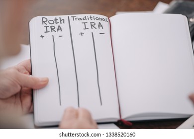 Partial View Of Senior Woman Holding Notebook With Roth Ira And Traditional Ira Words