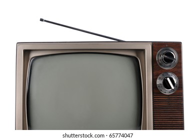 Partial view of vintage television with antenna isolated over white background