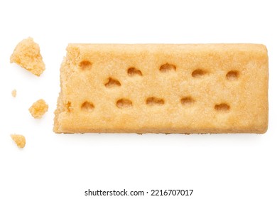 Partially eaten butter shortbread finger biscuit isolated on white. Top view.
