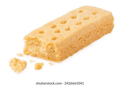 Partially eaten butter shortbread finger biscuit isolated on white.