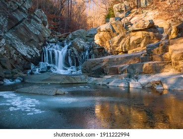 Partially frozen Scott's Run waterfall in the morning. Scott's Run Nature Preserve. Fairfax County. Virginia. USA