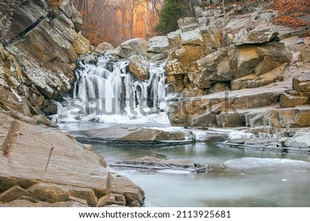Partially frozen Scott's Run waterfall. Scott's Run Nature Preserve. Fairfax County. Virginia. USA