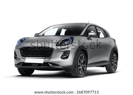 Partially left and front view of a Gray colored c class hatchbag car on a white background.