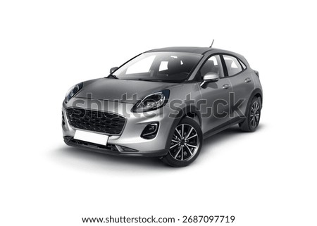 Partially left and front view of a Gray colored c class hatchbag car on a white background.