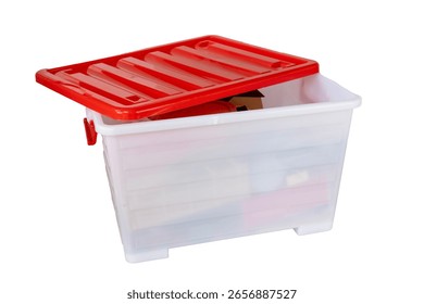 Partially Open Plastic Storage Bin with Red Lid Isolated on White Background