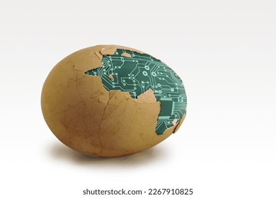 Partially peeled boiled egg. The inner protein with the texture of the circuit board. The symbol of artificial intelligence in the bud.                              