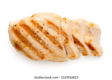 Partially Sliced Grilled Chicken Breast With Grill Marks, Ground Black Pepper And Salt Isolated On White. Top View.