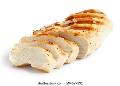  Partially sliced grilled chicken breast with black pepper and rock salt isolated on white.