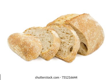 Partially sliced loaf of the wheat sourdough hearth bread with bran on a white background - Shutterstock ID 731216644