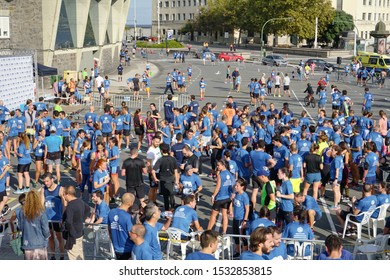 Participants Of The 5K Leyma Solidarity Race Against Cancer Upon Arrival At The Finish Line 
Coruna, Galicia, Spain 
10/12/2019