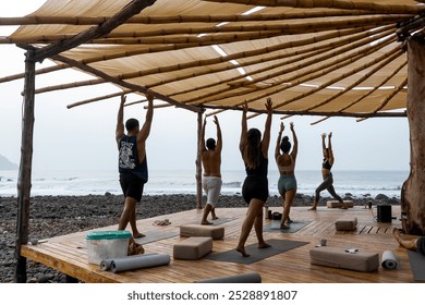 Participants engage in a group yoga session on a wooden deck by the ocean, stretching upward under a bamboo canopy in a serene coastal environment. - Powered by Shutterstock