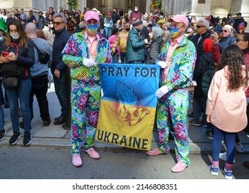 Participants Holding Pray fior Ukraine banner on Easter Sunday, April 17, 2022 in New York City.
