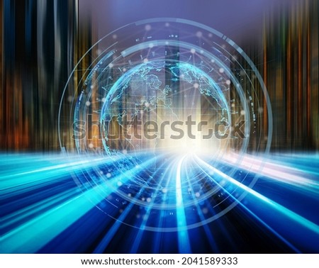 particle earth with technology network circle over Elevated Train Tracks are running above the Railroad tracks heading to Chicago cityscape, Technology and innovation concept,