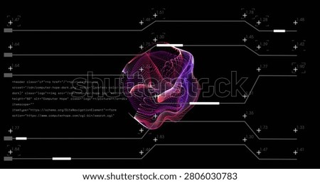 Particle mesh inflating, reshaping in tech HUD sliders moving and code appearing for data analytics. Amorphous, neon, holographic, translucent, pulsating, spinning, abstract