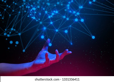 particle star dust with digital data ai global network technology hologram with light and hand of human with blue and red color glow in sci-fi futuristic concept, touch the science atom molecule cell - Shutterstock ID 1331336411