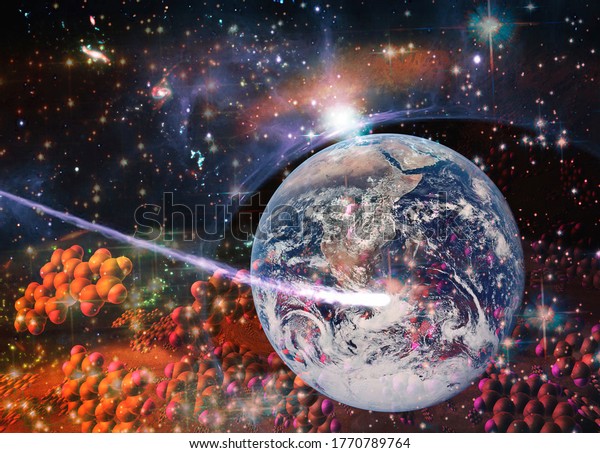 Particles of DNA strands flying through space to Earth.\
Concept of the origin of life. Elements of this image furnished by\
NASA. 