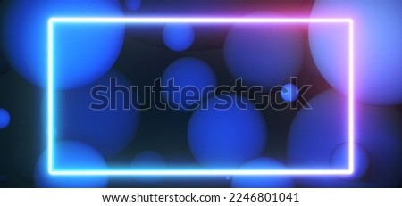 Particles floating in blue studio. Light neon frame for highlight product or text. empty space for design. 3D rendering.