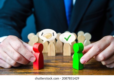 The parties come to a consensus with the assistance of a mediator. Resolution of conflict through negotiations. Mediation and Arbitration. Search for compromise. Concluding a truce, end confrontation.