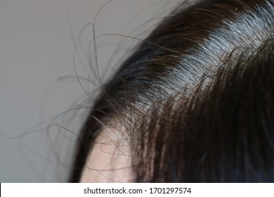 Parting Of Dark Brown Wonan's Hair With Grey Roots, Side View, Close Up