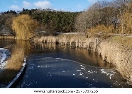 Similar – Image, Stock Photo Partly frozen lake with a view of the snow-covered fir forest