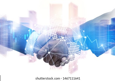 Partner. Investor Business Man Handshake With Partner For Successful Project Meeting With World Map Global Network Link Connection And City Background, Investment, Partnership And Teamwork Concept