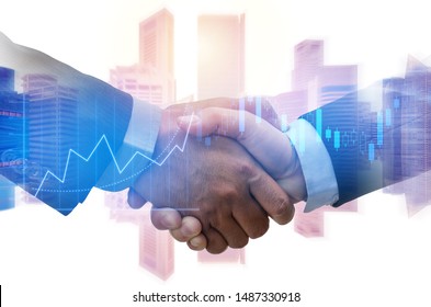 Partner. Investor Business Man Handshake With Partner For Successful Project Meeting With Graph Chart Stock Market, Investment Trading And City Background, Investor, Partnership And Teamwork Concept