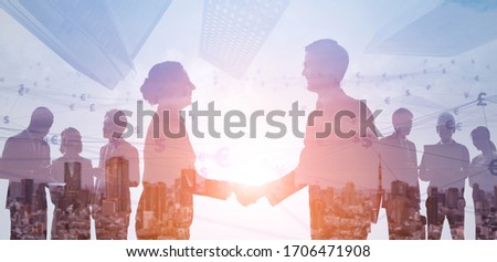 Partnership of business concept. Group of businesspeople. Double exposure.