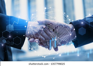 Partnership - Business Man Handshake With Effect Global World Map Network Link Connection And Graph Chart Of Stock Market Graphic Diagram, Digital Technology, Internet Communication, Teamwork Concept