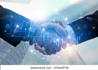 Partnership - Business Man Handshake With Effect Global Network Connectionม Graph Chart Stock Market Graphic Diagram And City Background, Digital Technology, Internet Communication, Teamwork Concept